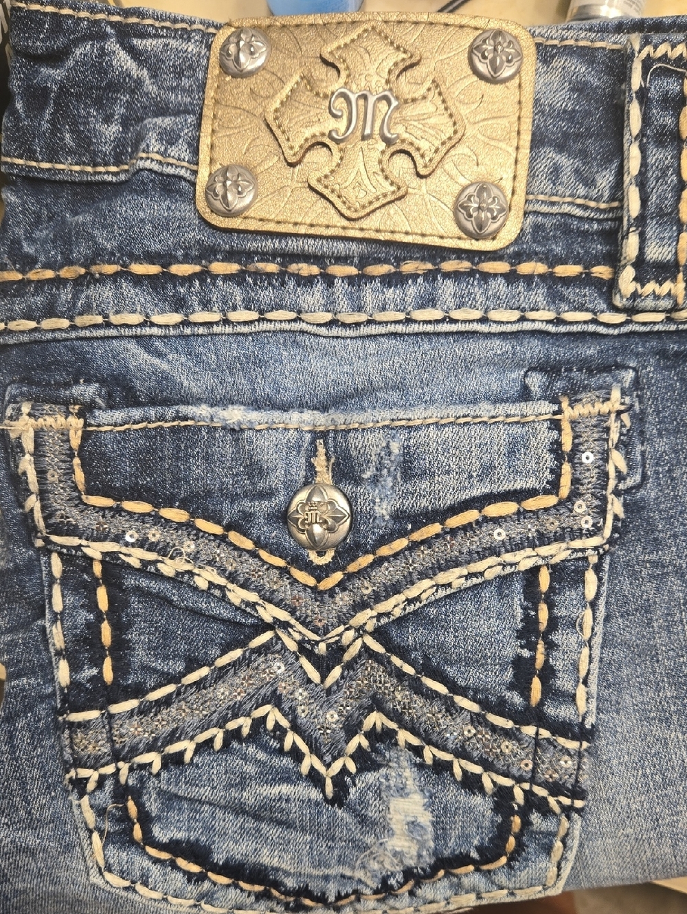 Miss Me Blue Denim Pocket Jeans with Cream Stitching & Metallic Logo